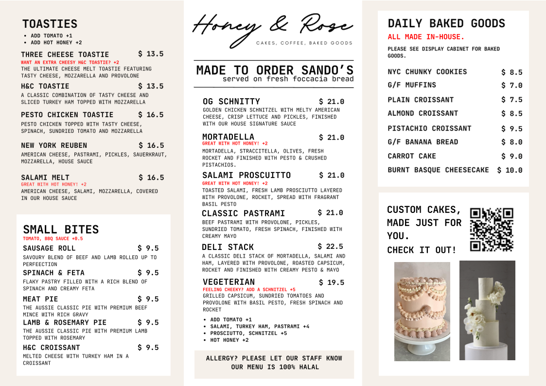 Menu, Honey & Rose Bakery Cafe