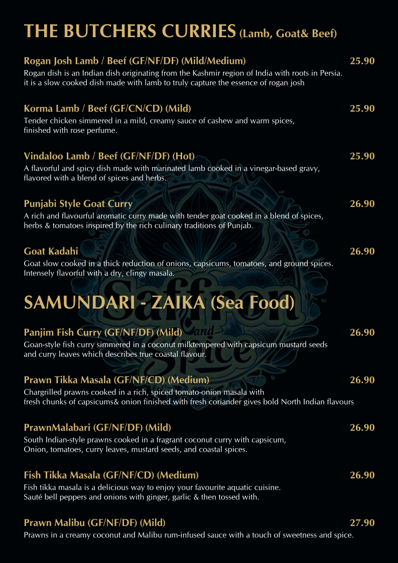 Menu, SAFFRON AND SPICE INDIAN RESTAURANT AND BAR