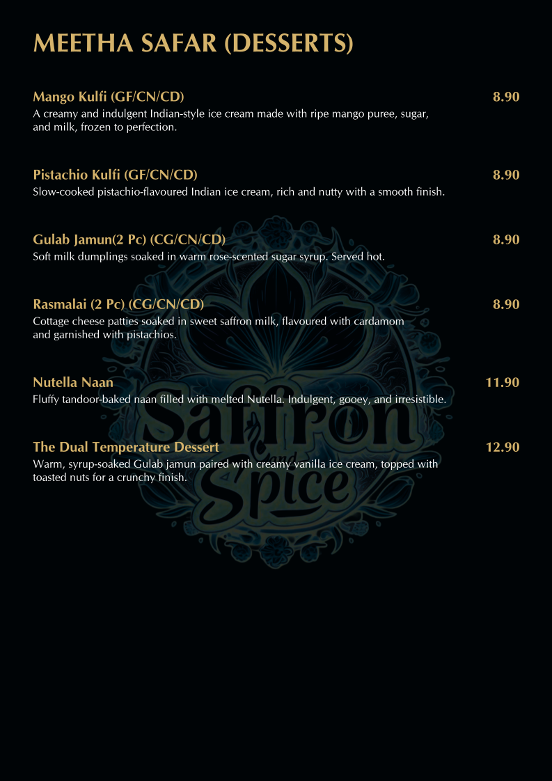 Menu, SAFFRON AND SPICE INDIAN RESTAURANT AND BAR