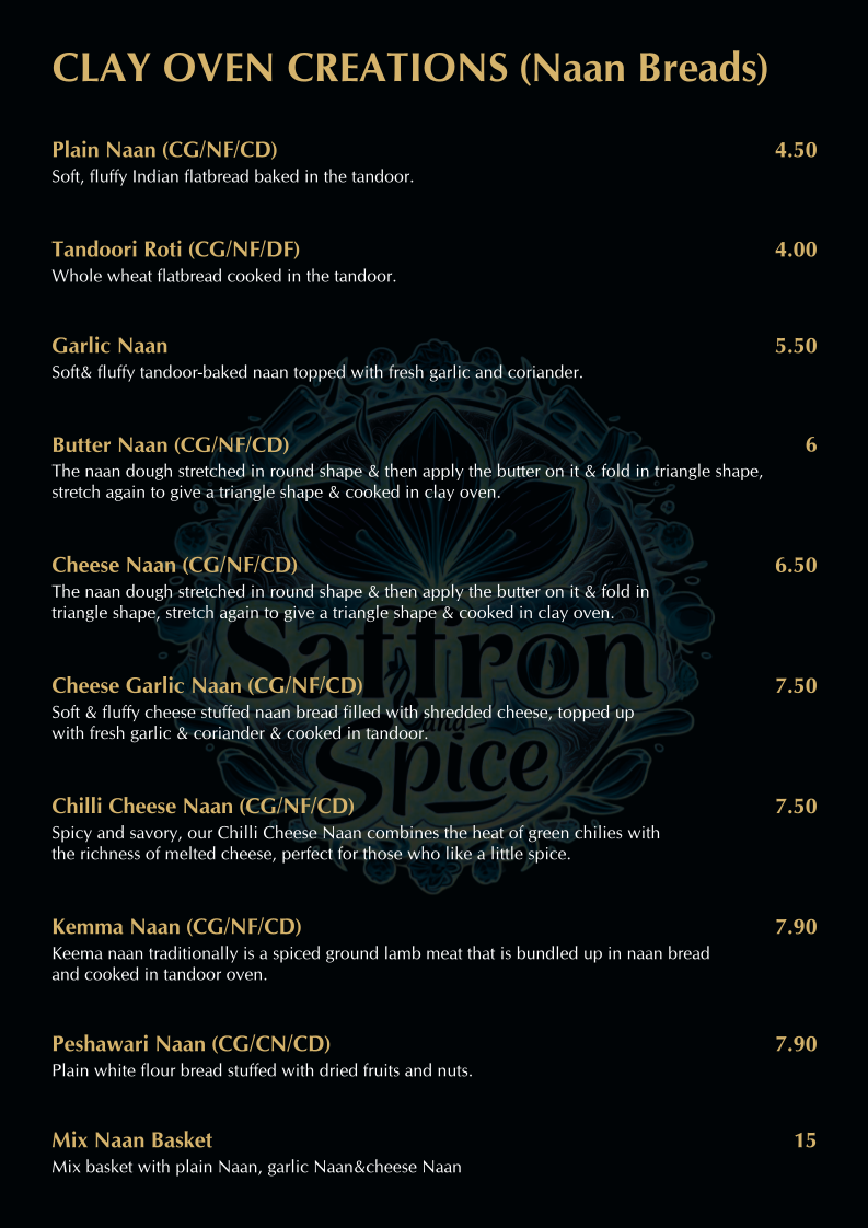Menu, SAFFRON AND SPICE INDIAN RESTAURANT AND BAR