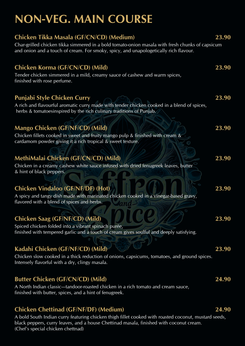 Menu, SAFFRON AND SPICE INDIAN RESTAURANT AND BAR