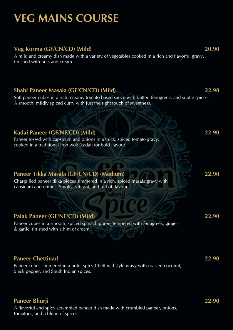 Menu, SAFFRON AND SPICE INDIAN RESTAURANT AND BAR