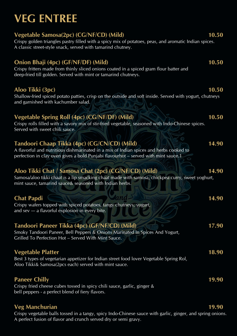 Menu, SAFFRON AND SPICE INDIAN RESTAURANT AND BAR