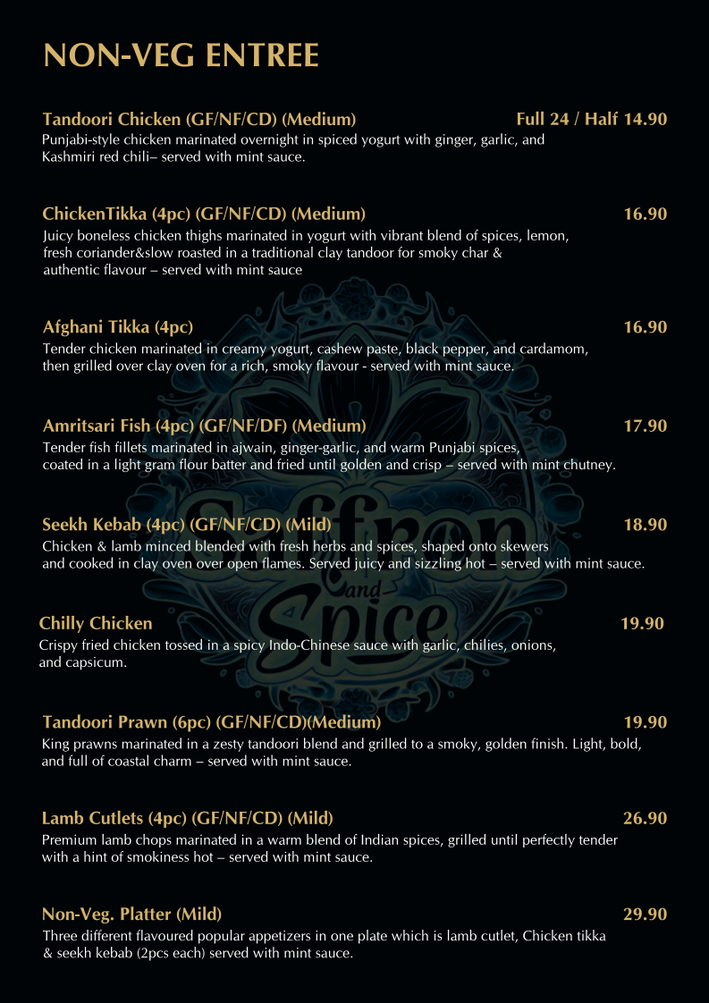 Menu, SAFFRON AND SPICE INDIAN RESTAURANT AND BAR