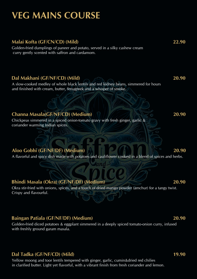 Menu, SAFFRON AND SPICE INDIAN RESTAURANT AND BAR
