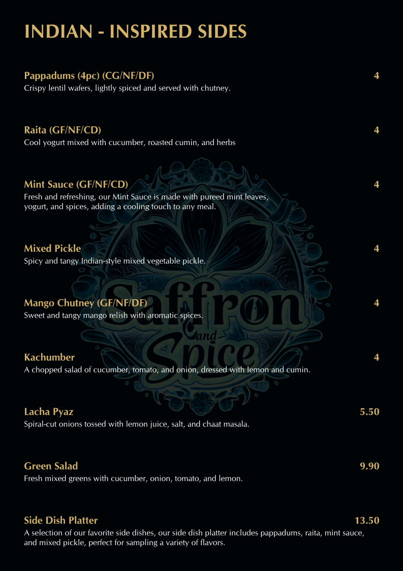 Menu, SAFFRON AND SPICE INDIAN RESTAURANT AND BAR
