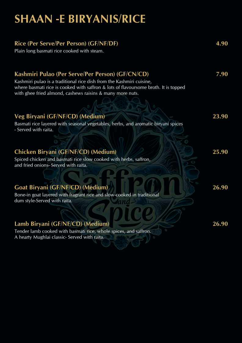 Menu, SAFFRON AND SPICE INDIAN RESTAURANT AND BAR