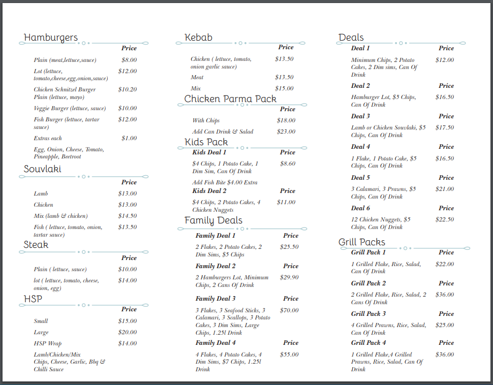 Menu, Woodland St Fish & Chips
