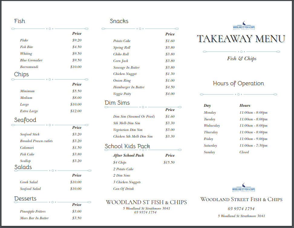 Menu, Woodland St Fish & Chips