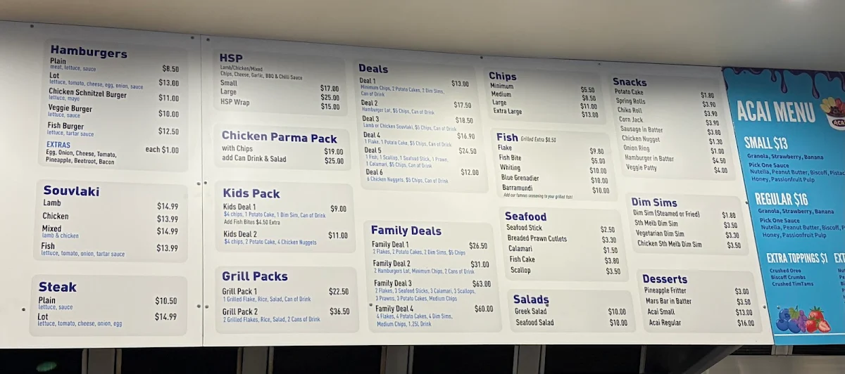 Menu, Woodland St Fish & Chips