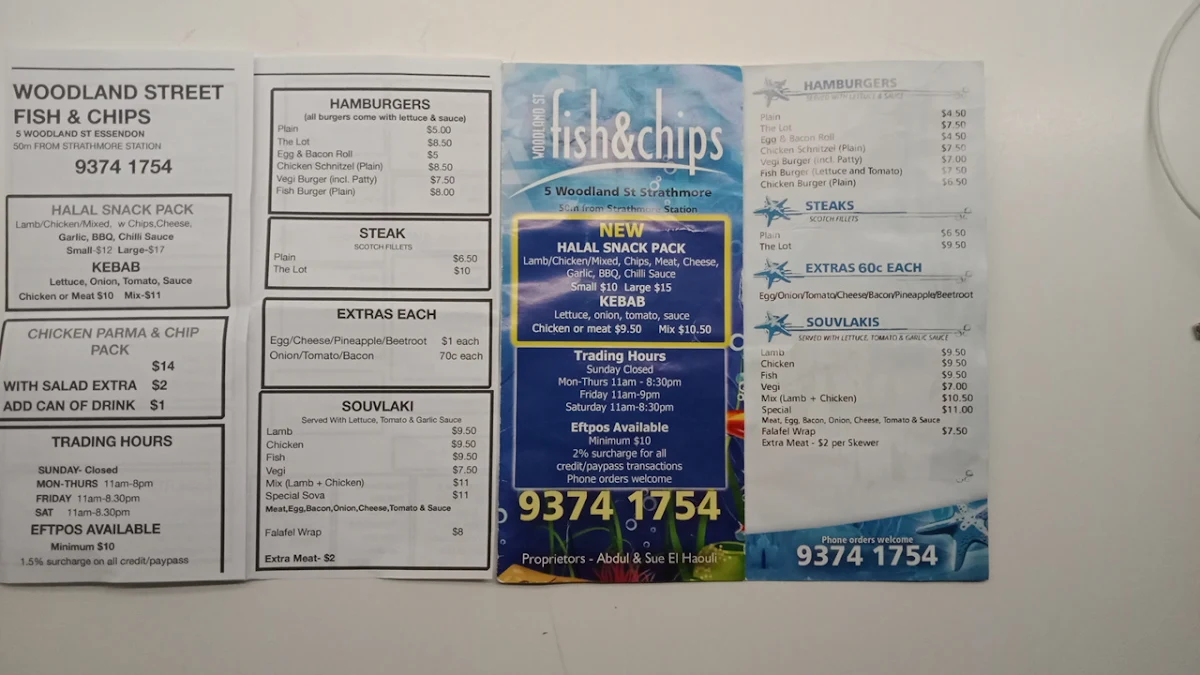 Menu, Woodland St Fish & Chips