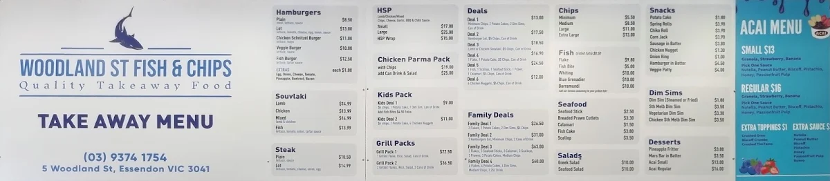 Menu, Woodland St Fish & Chips