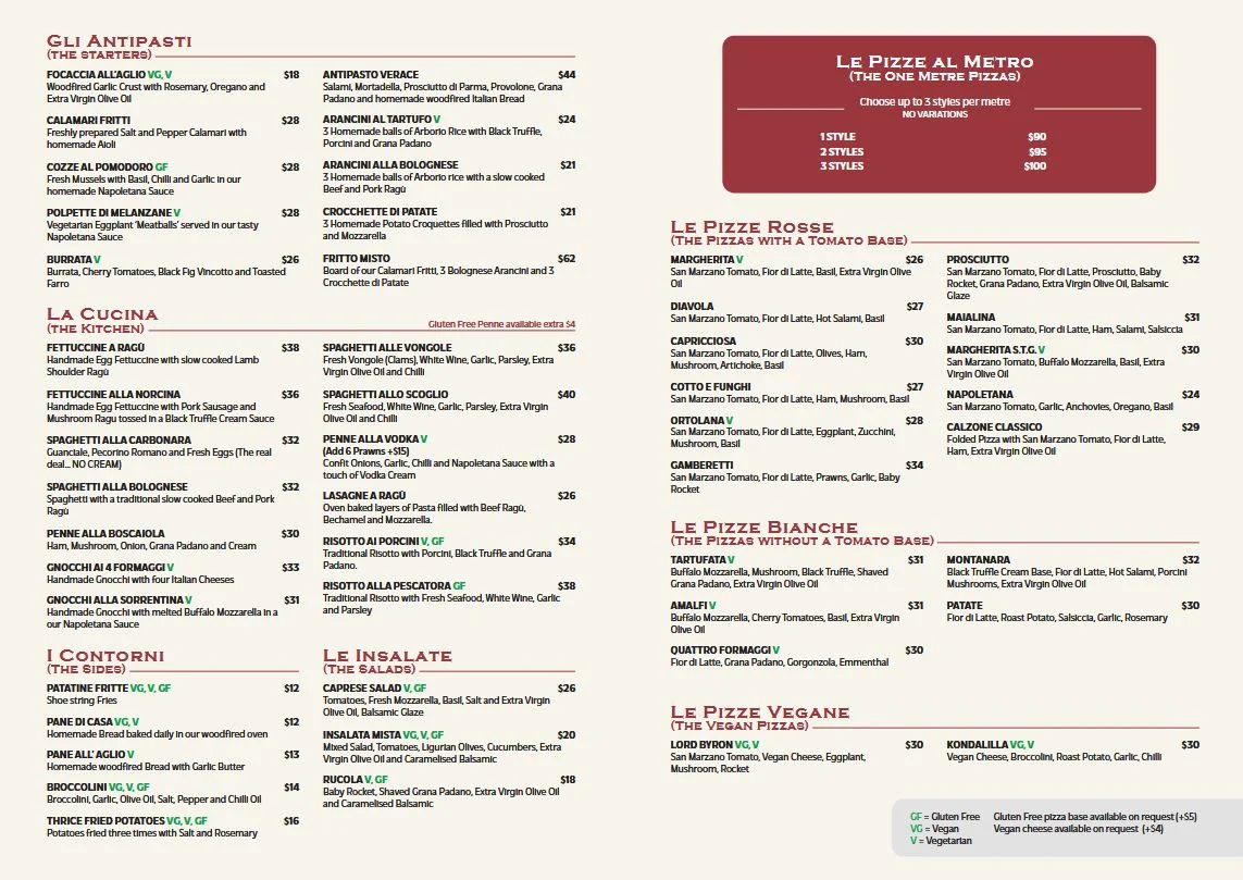 Menu, Verace Pizzeria