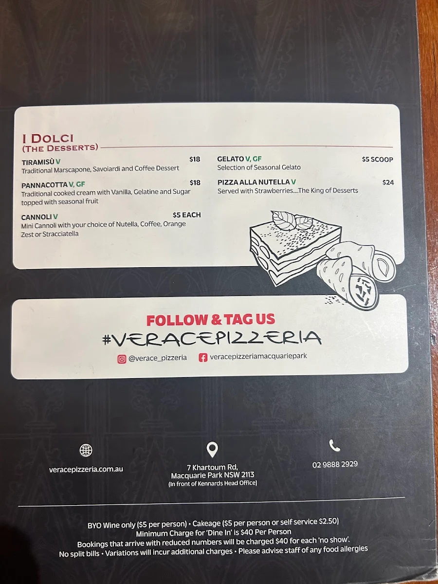 Menu, Verace Pizzeria