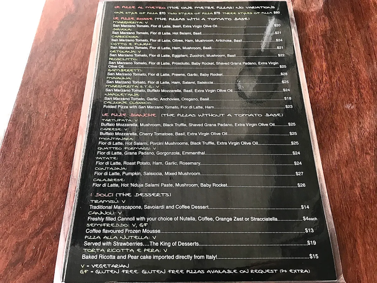 Menu, Verace Pizzeria