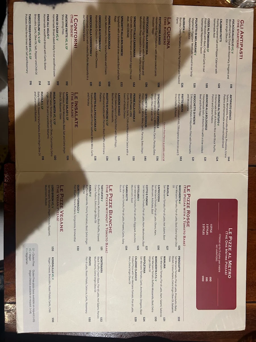 Menu, Verace Pizzeria
