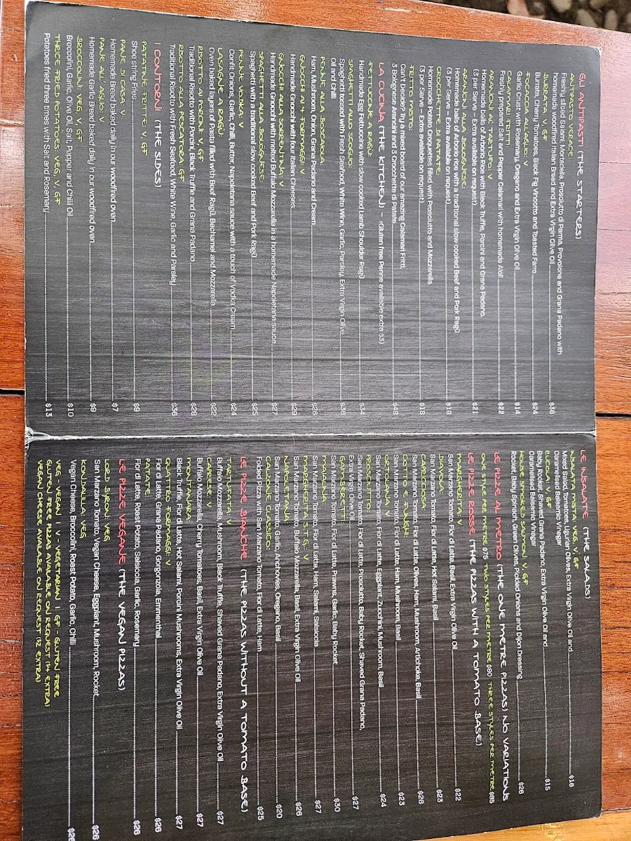 Menu, Verace Pizzeria