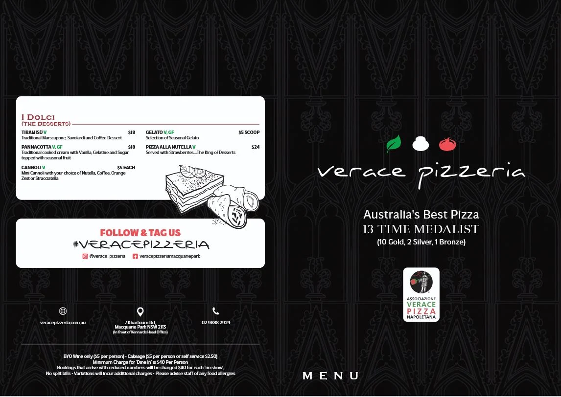 Menu, Verace Pizzeria
