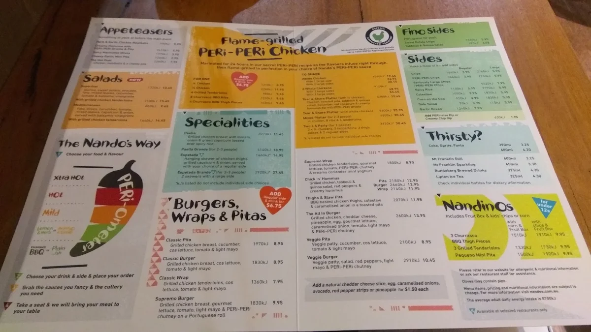 Menu, Nando's Forest Lake
