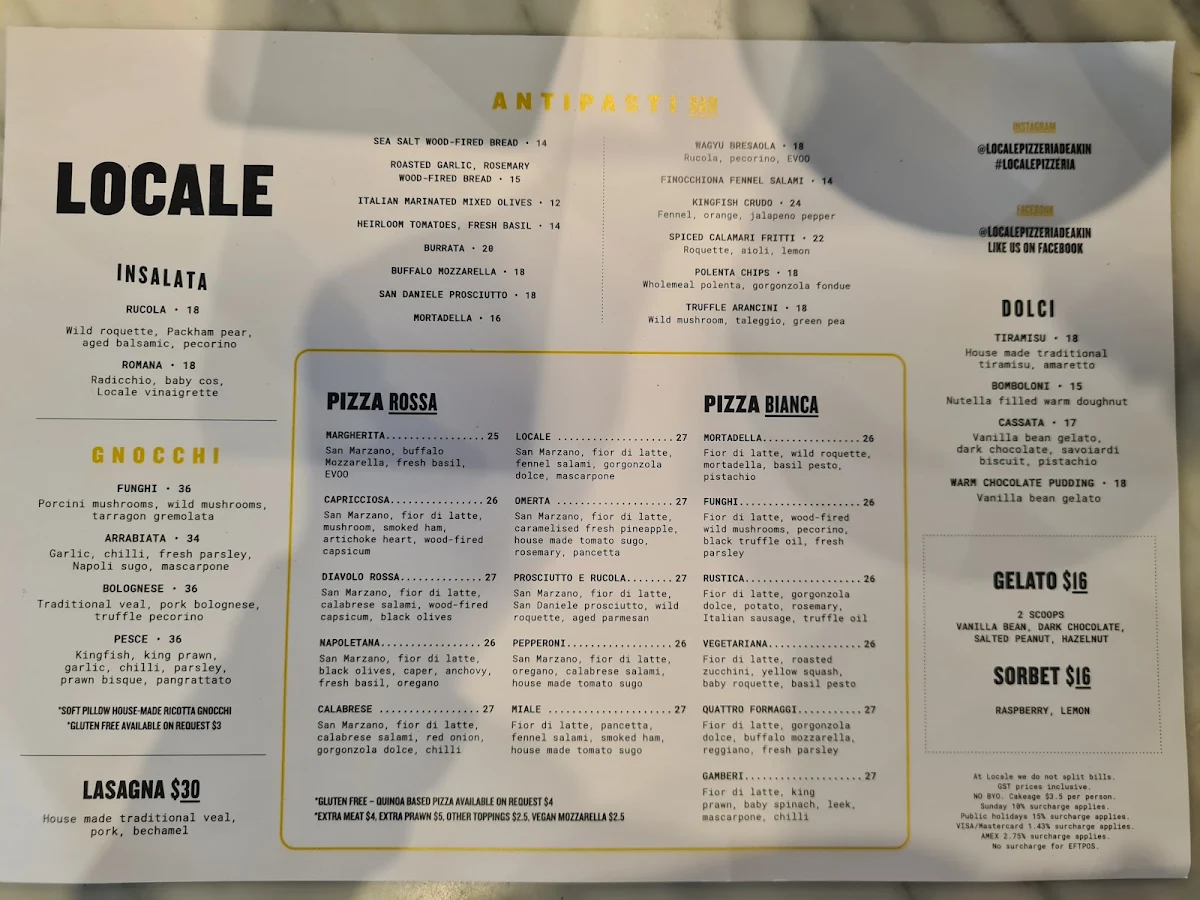 Menu, Locale Sourdough Pizzeria