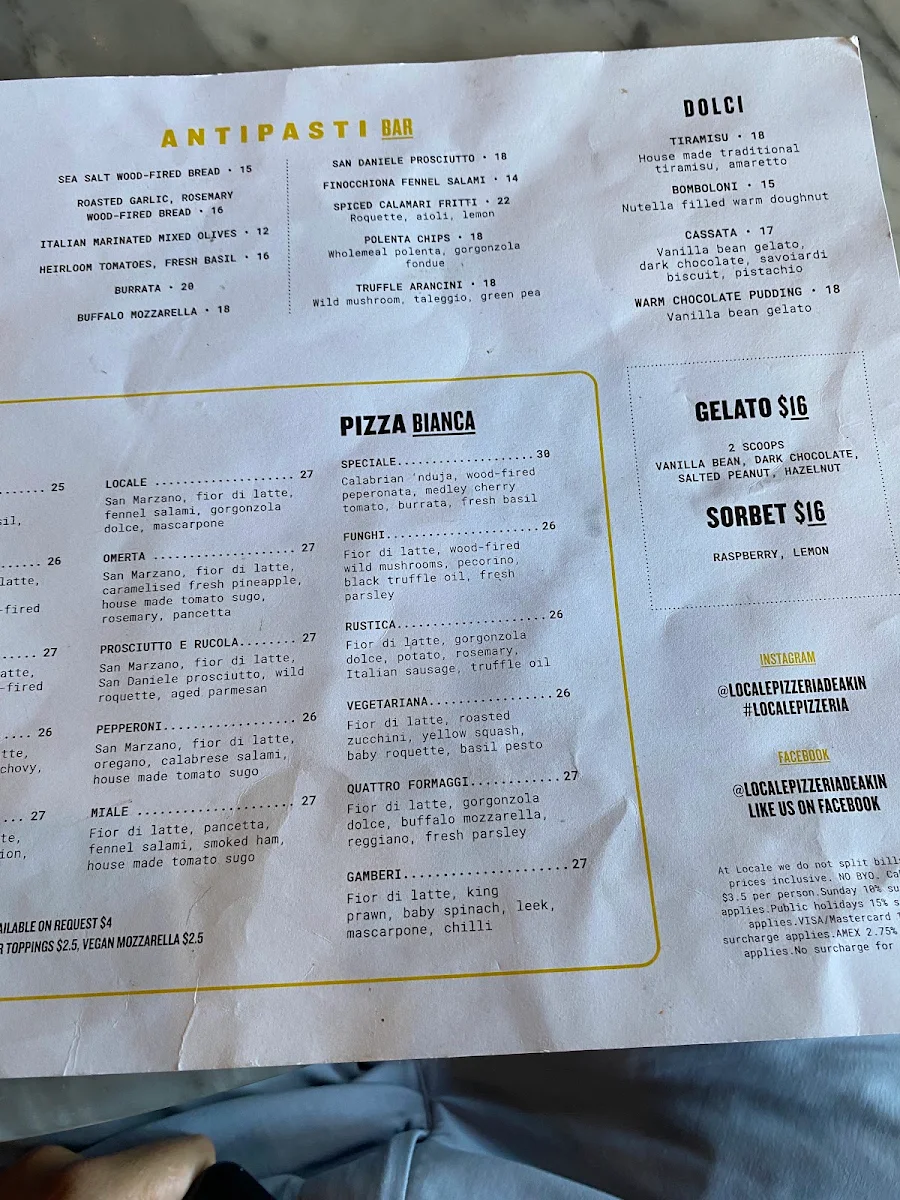 Menu, Locale Sourdough Pizzeria