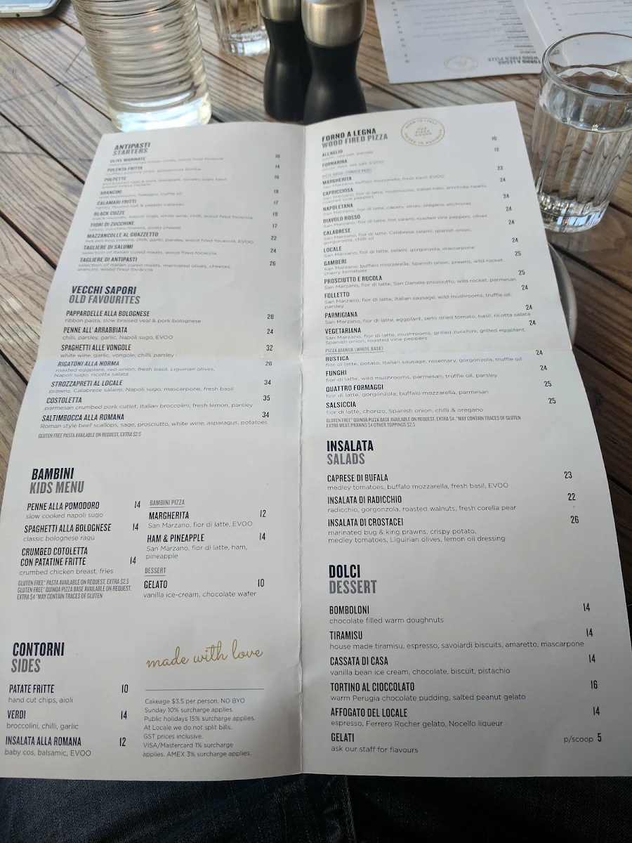 Menu, Locale Sourdough Pizzeria