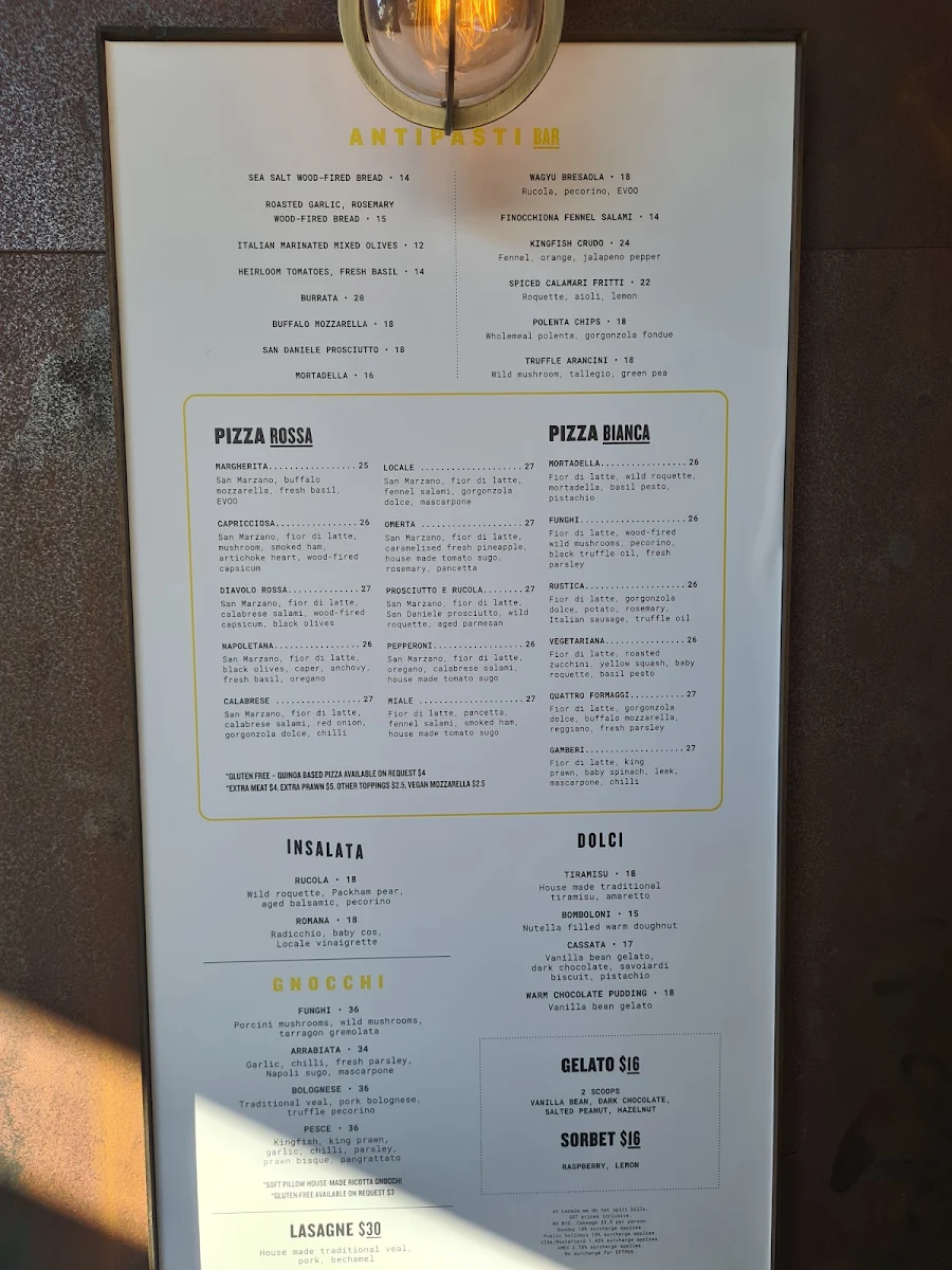 Menu, Locale Sourdough Pizzeria