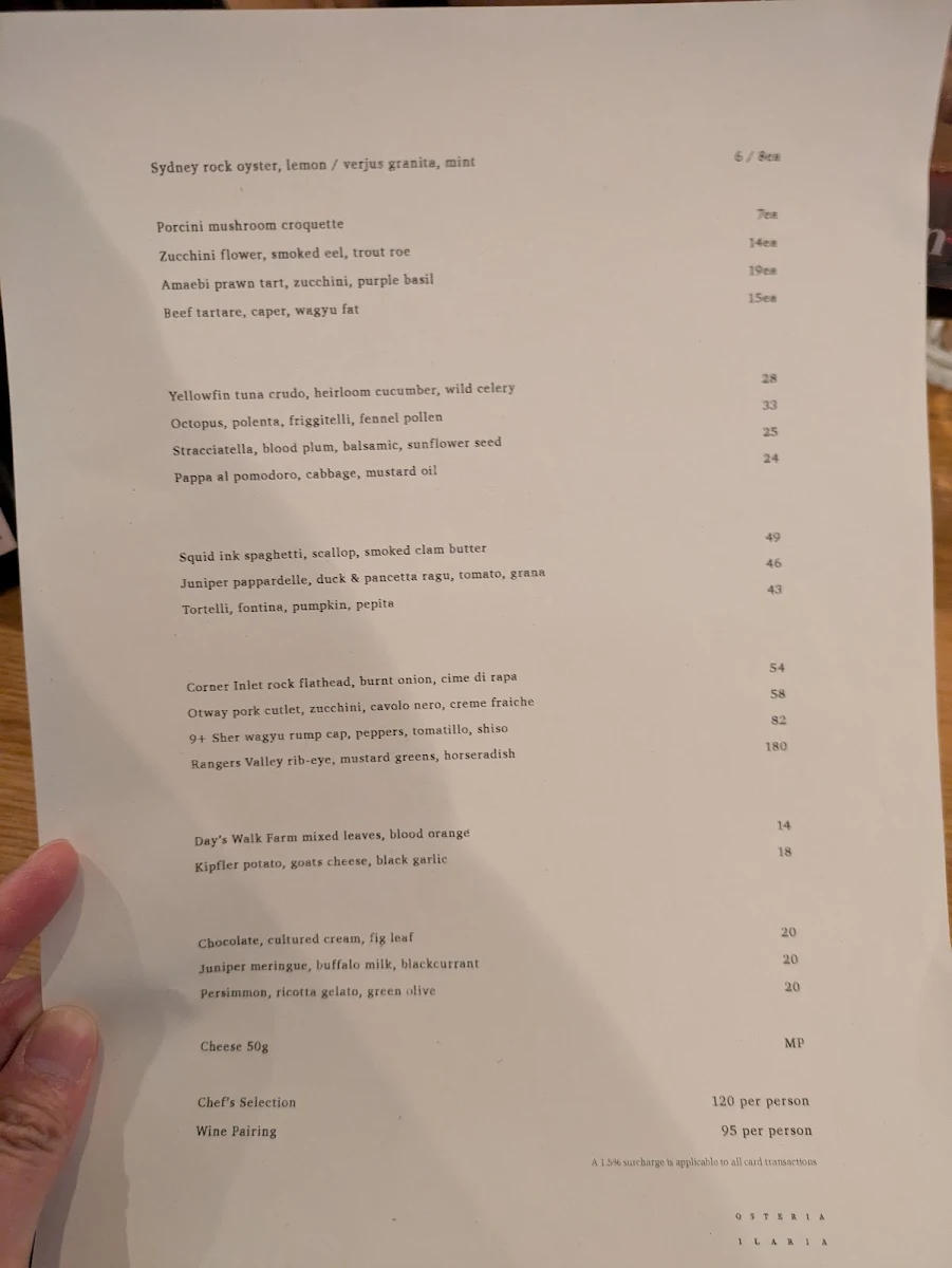 Menu, Osteria Ilaria