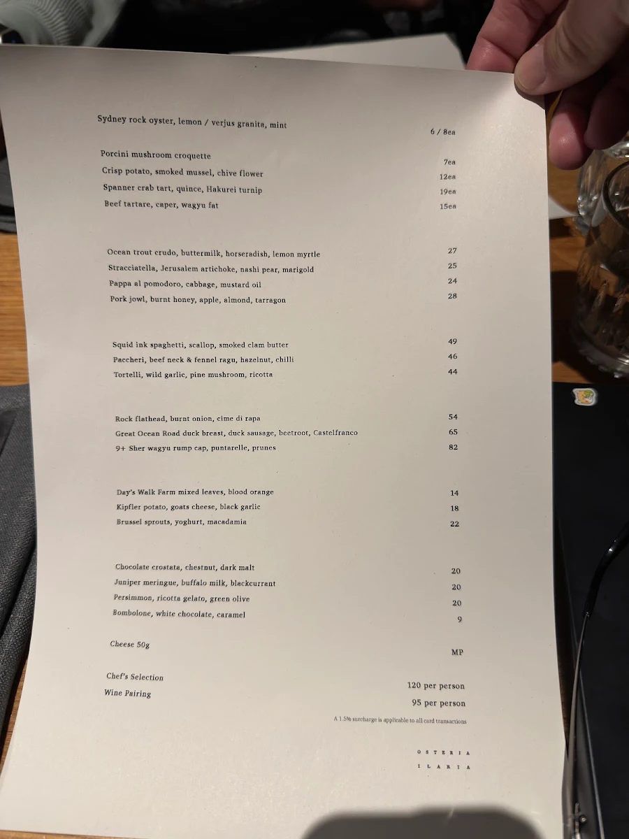 Menu, Osteria Ilaria
