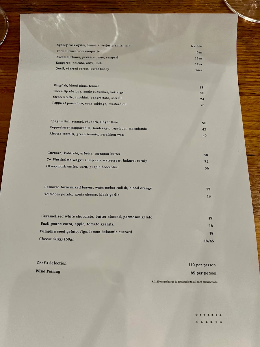 Menu, Osteria Ilaria