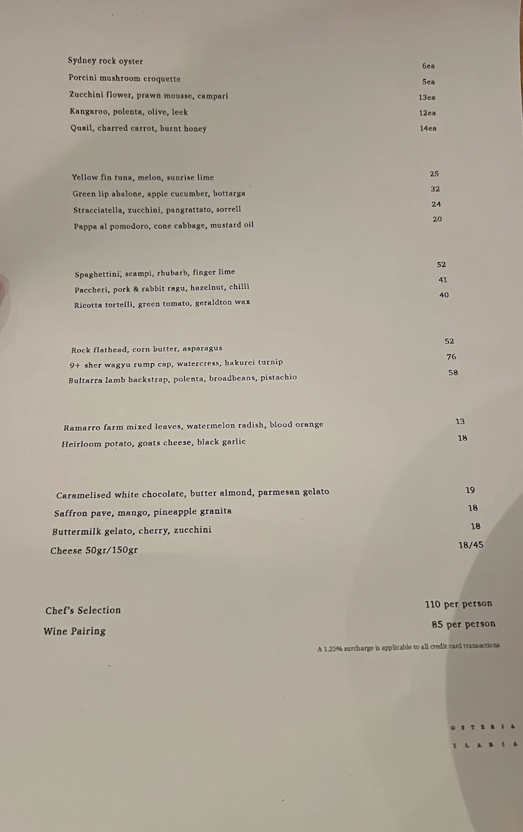 Menu, Osteria Ilaria