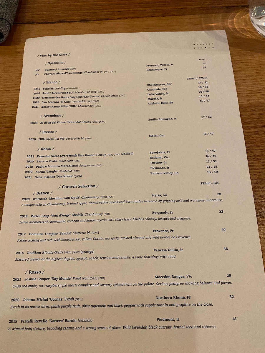 Menu, Osteria Ilaria
