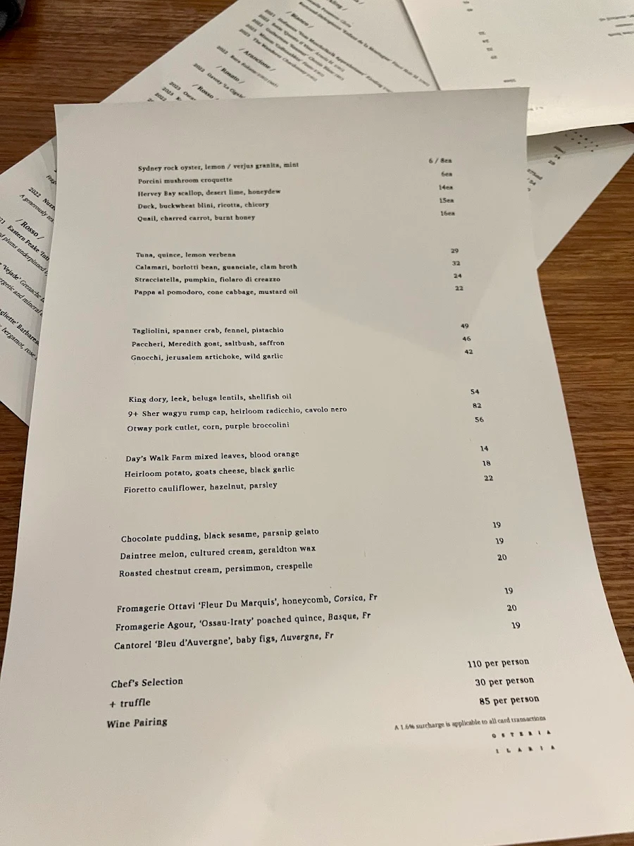 Menu, Osteria Ilaria