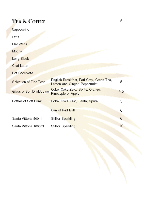 Menu, Palm Court