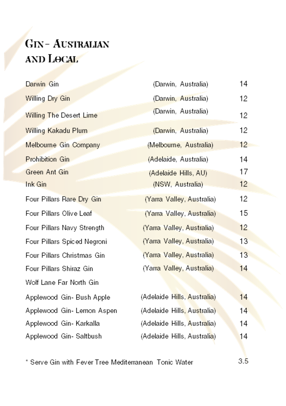 Menu, Palm Court