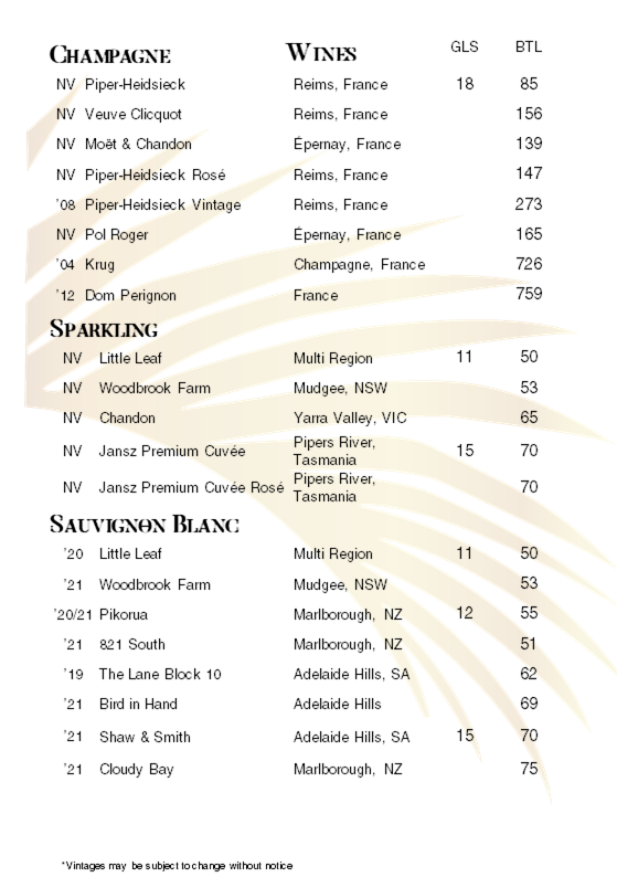Menu, Palm Court
