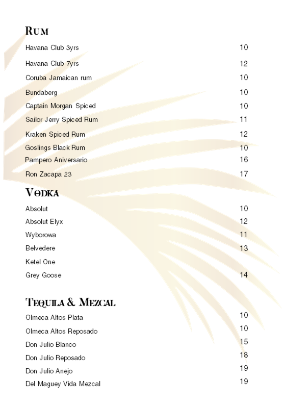 Menu, Palm Court