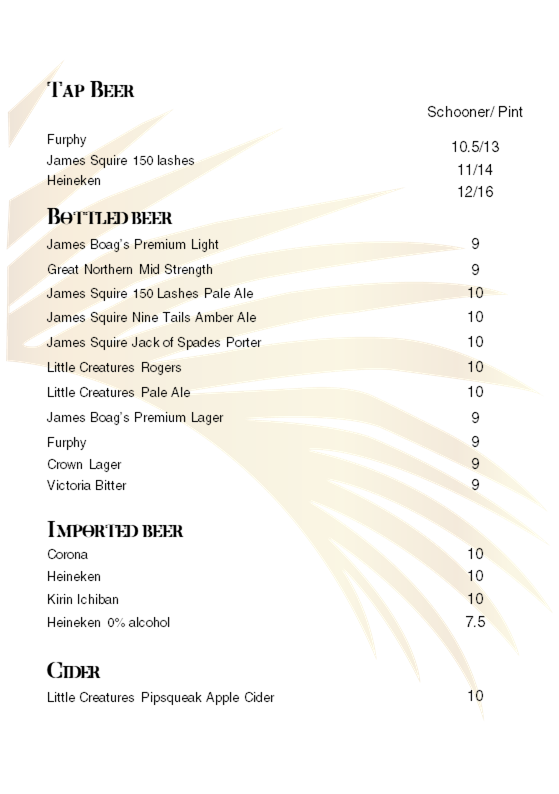 Menu, Palm Court