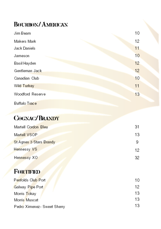 Menu, Palm Court