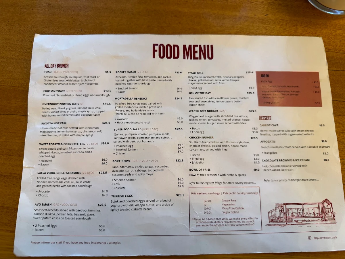Menu, Quarter Two Cafe