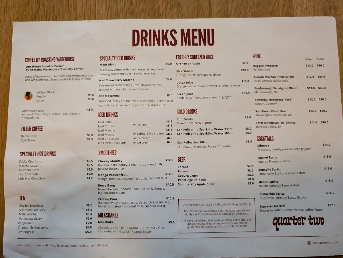 Menu, Quarter Two Cafe