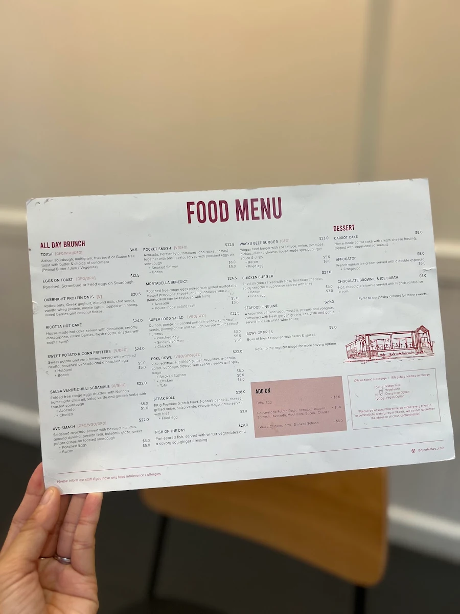 Menu, Quarter Two Cafe