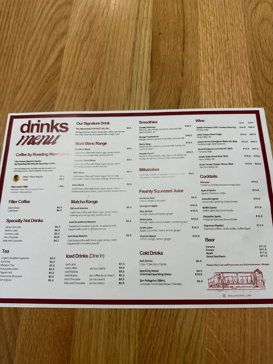Menu, Quarter Two Cafe