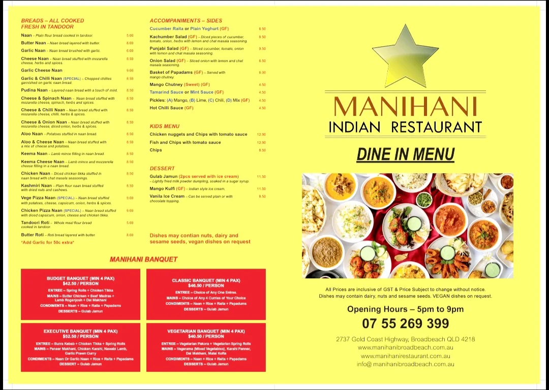 Menu, Manihani