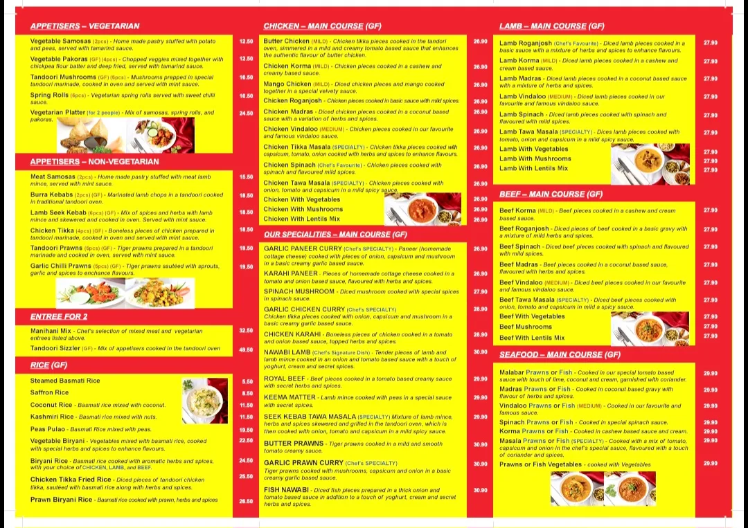 Menu, Manihani