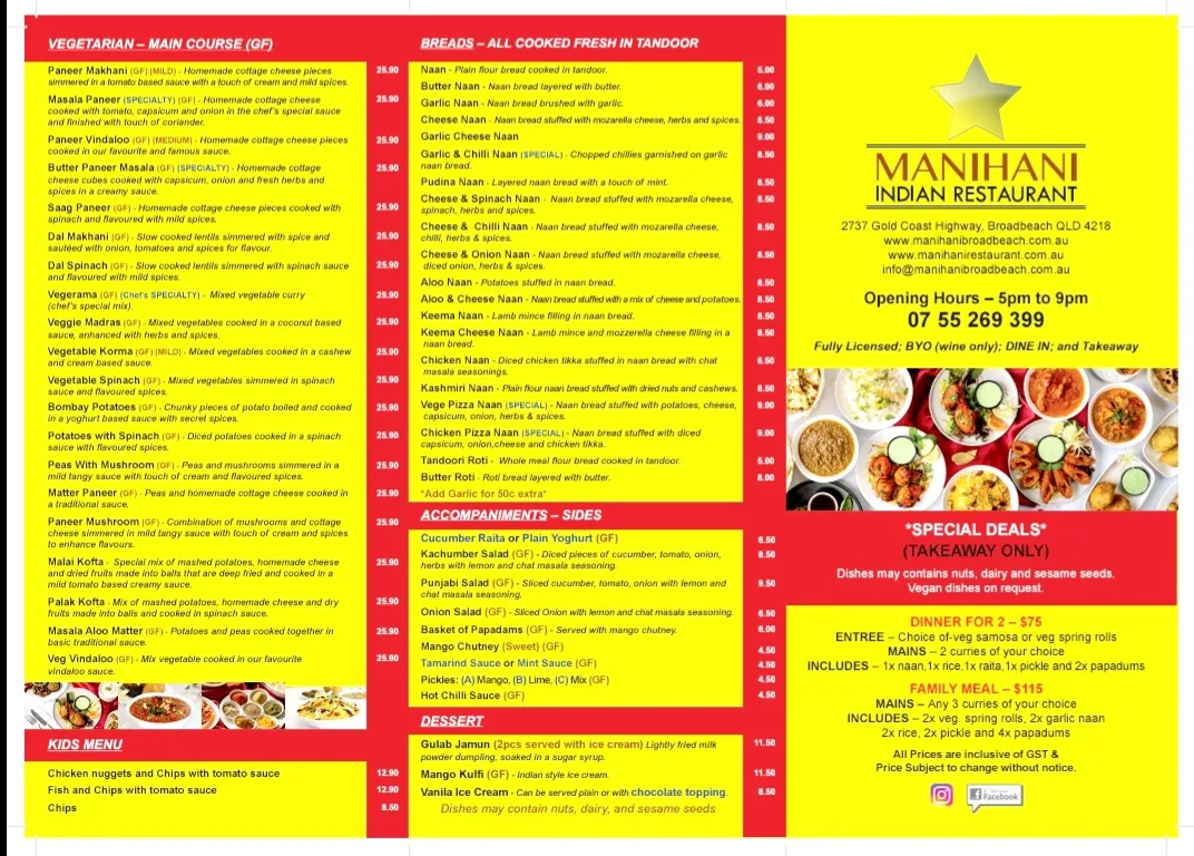 Menu, Manihani