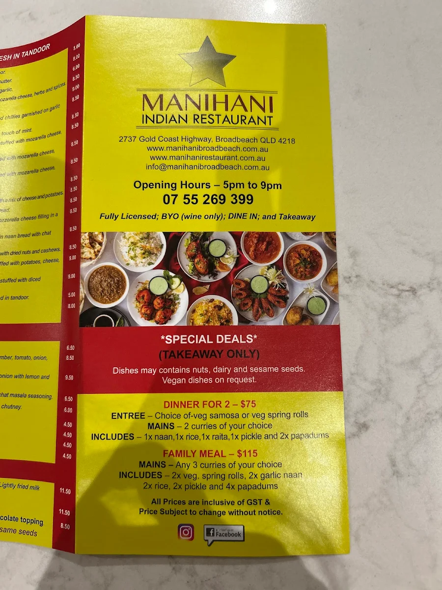 Menu, Manihani