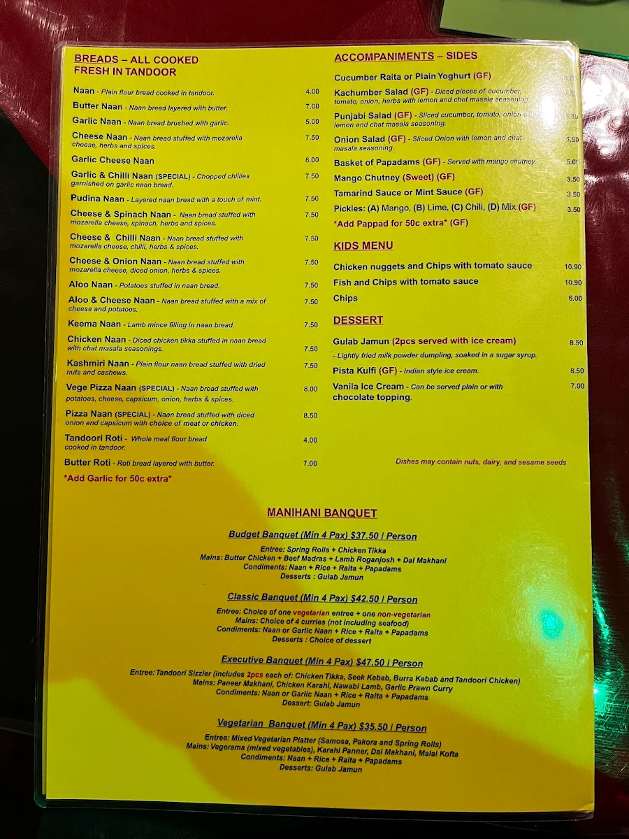 Menu, Manihani