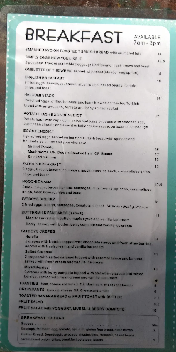 Menu, Fatboy's Cafe