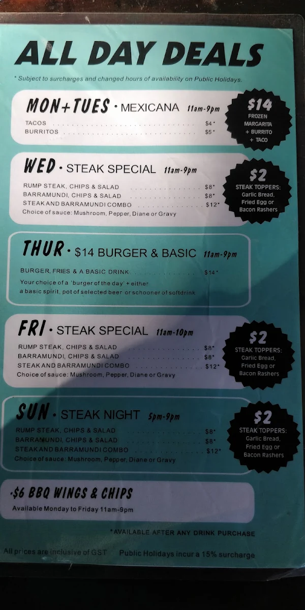Menu, Fatboy's Cafe